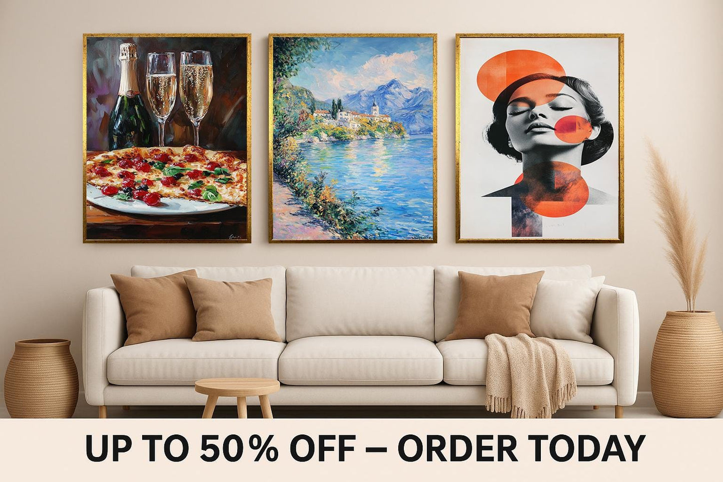 3 Piece Canvas Wall Art Set: Impressionist Lake, Abstract Woman, Champagne & Pizza