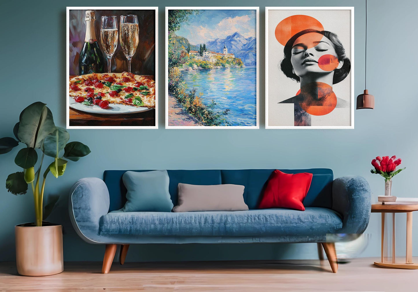 3 Piece Canvas Wall Art Set: Impressionist Lake, Abstract Woman, Champagne & Pizza