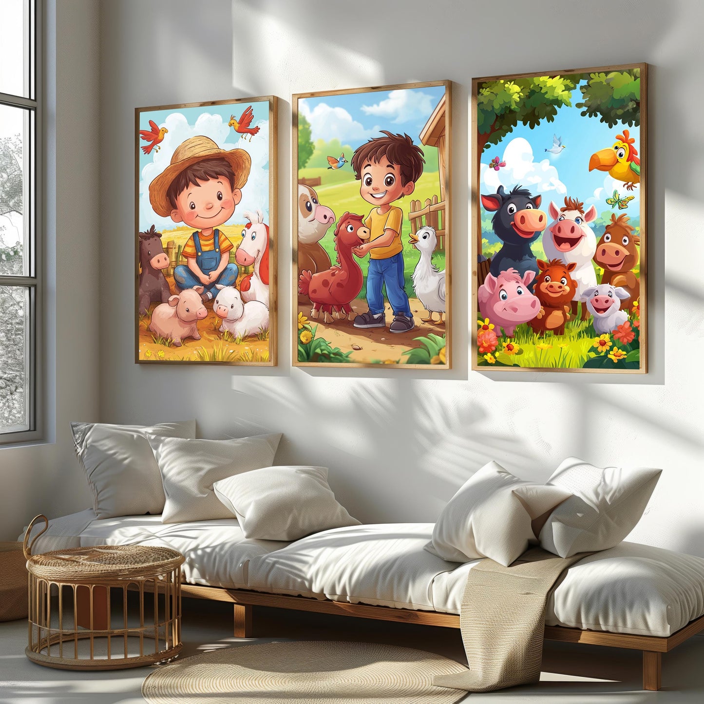 Farm Animals Wall Art Set of 3 Prints Cute Cartoon Baby Farmyard Kids Room Nursery Decor with Boys Animals and Colorful Backgrounds