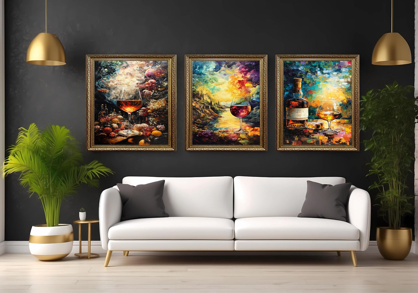 Wine & Whiskey Canvas Print Set: Vineyard Sunset Still Life - Modern Home Art