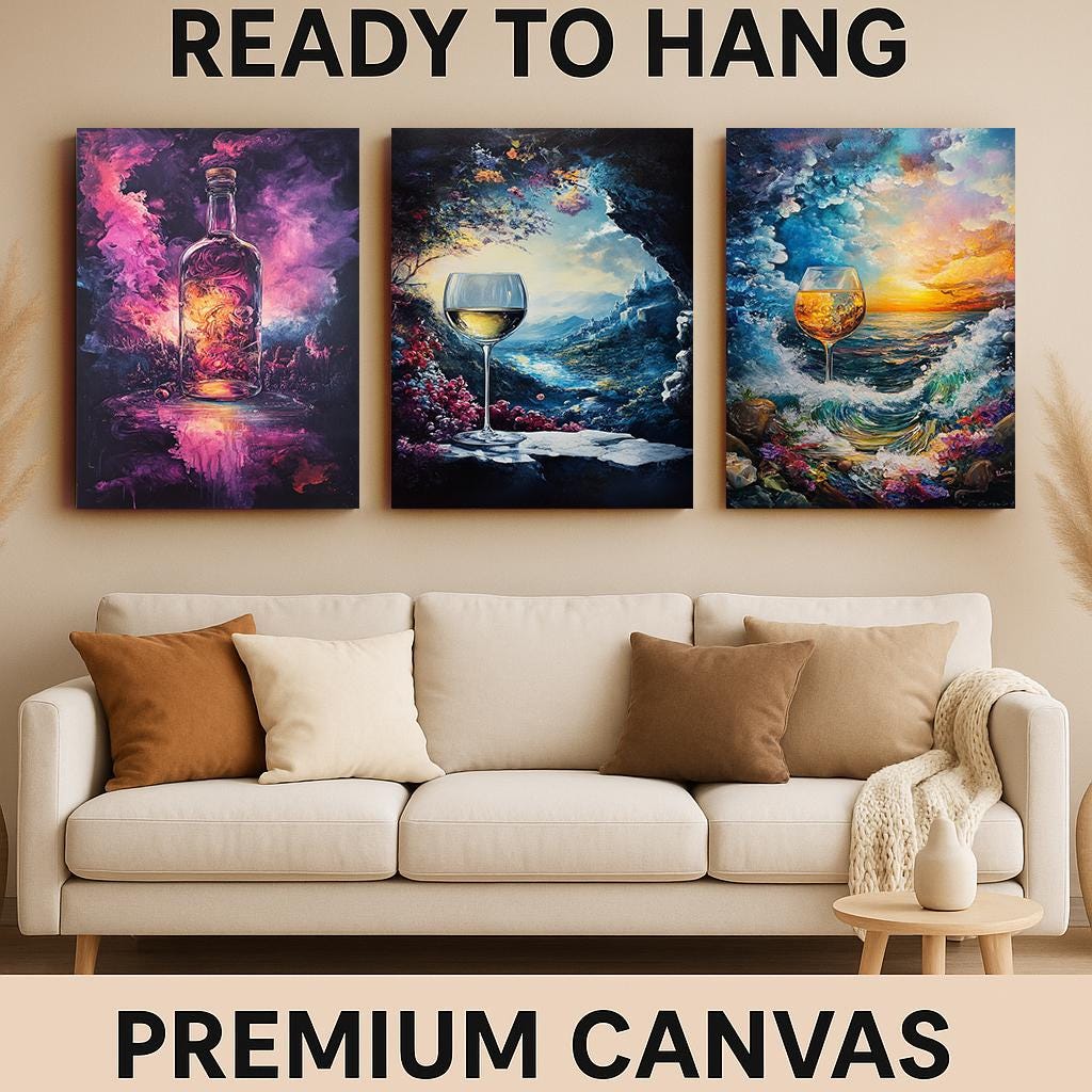 Abstract Wine Art Prints Set: Vineyard, Sunset, Cosmic Bottle