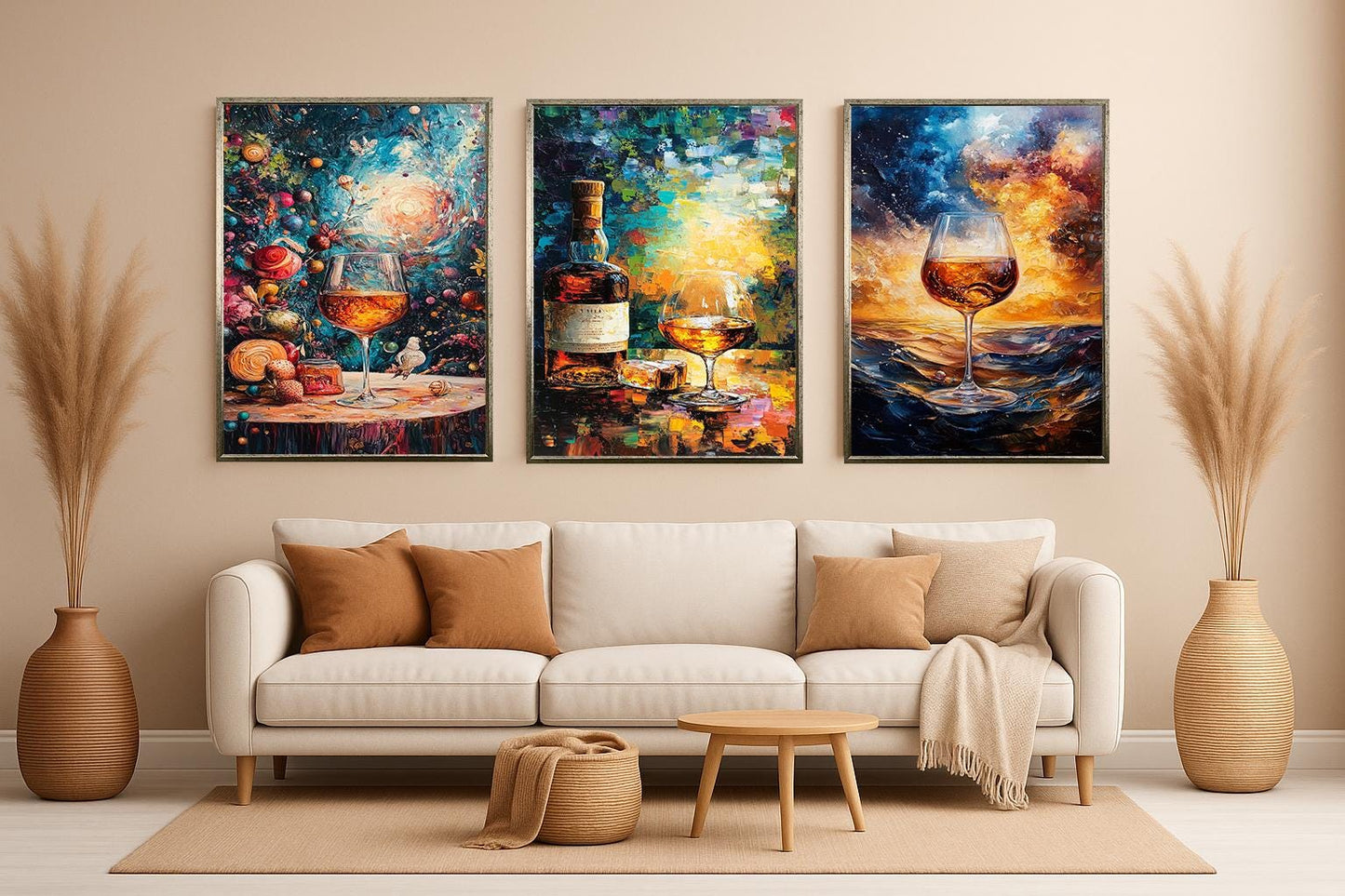Abstract Wine & Whiskey Canvas Print Set: Golden Still Life Wall Art