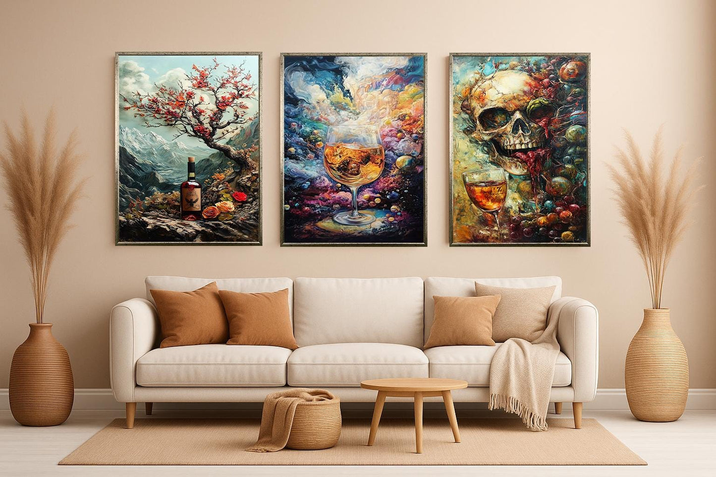 Mystical Wine & Whiskey Canvas Print Set: Gothic Skull, Cosmic Drink, Mountain Art