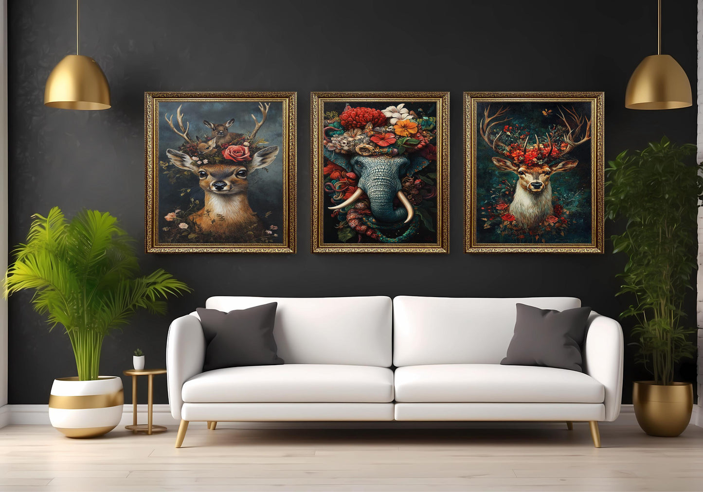Floral Animal Canvas Print Set: Elephant, Deer - Surreal Wall Art