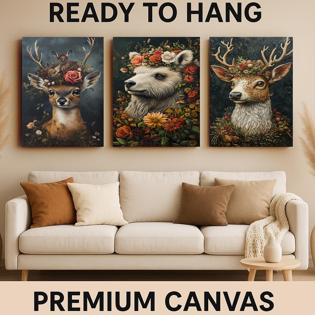 Floral Animal Canvas Print Set: Deer, Bear, Woodland Nursery Decor