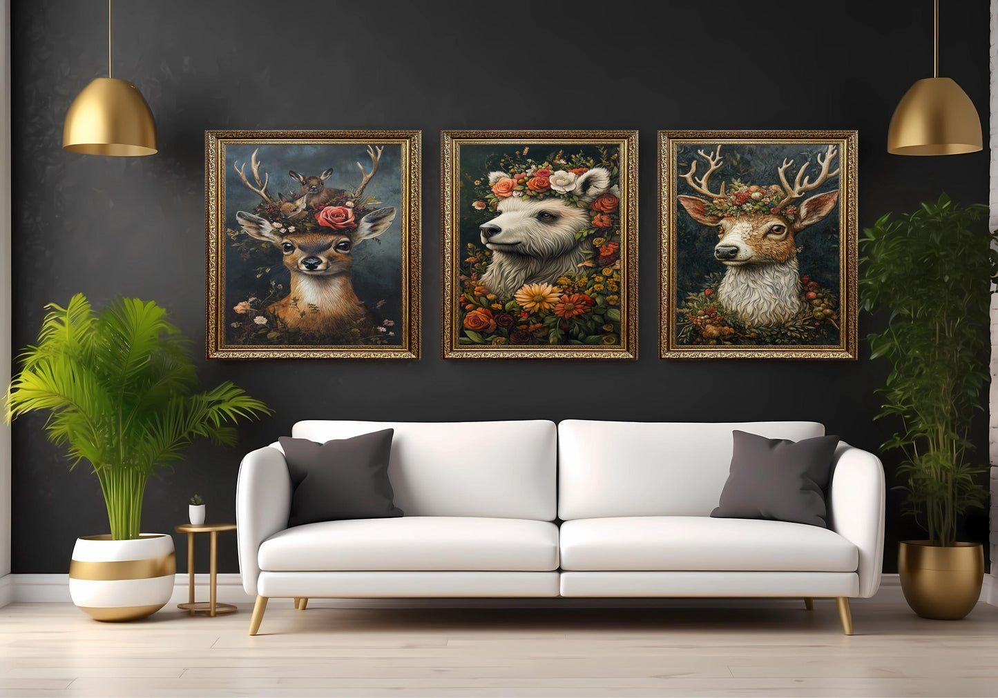Floral Animal Canvas Print Set: Deer, Bear, Woodland Nursery Decor