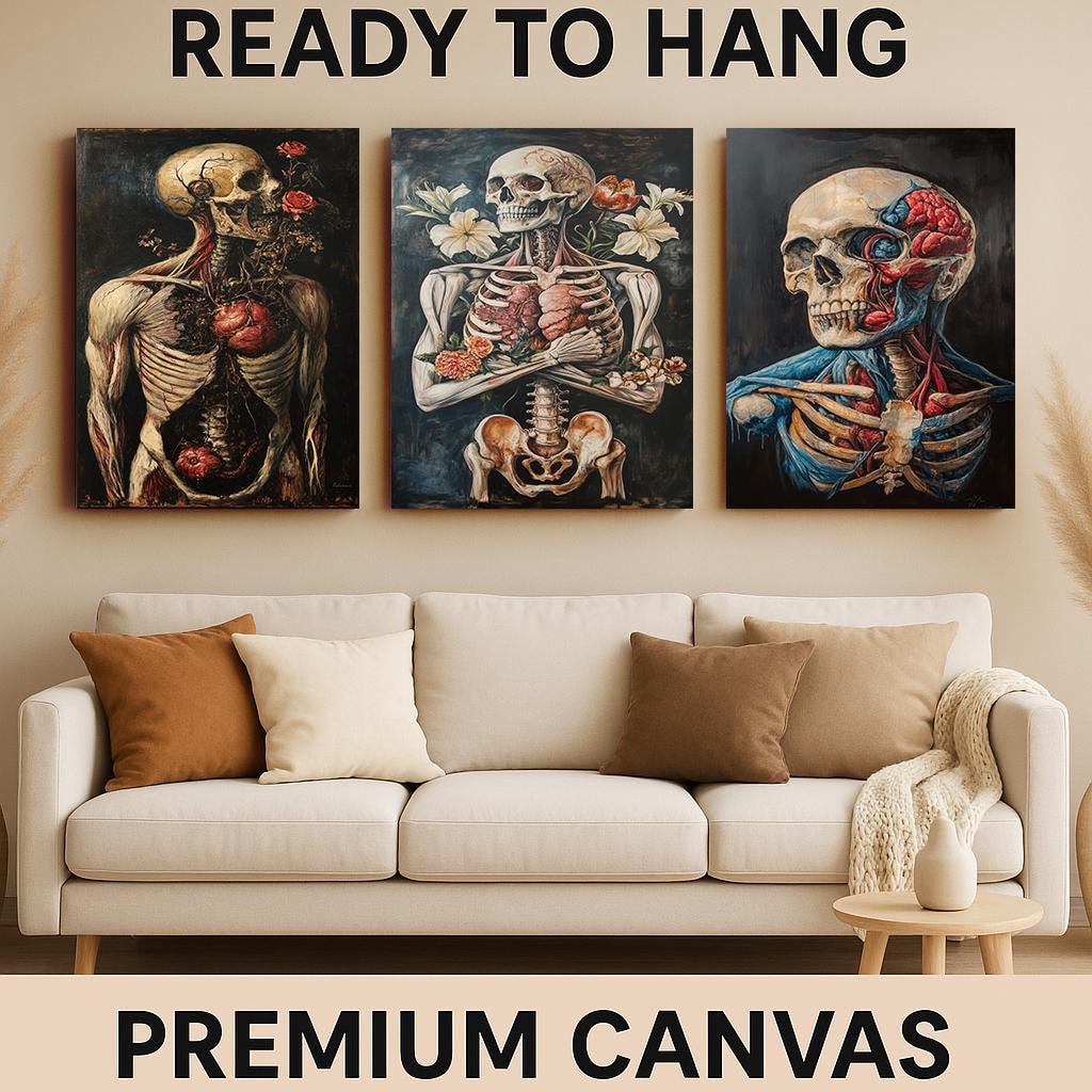 Anatomical Skeleton Art Prints: Gothic Floral Skull Decor, Set of 3