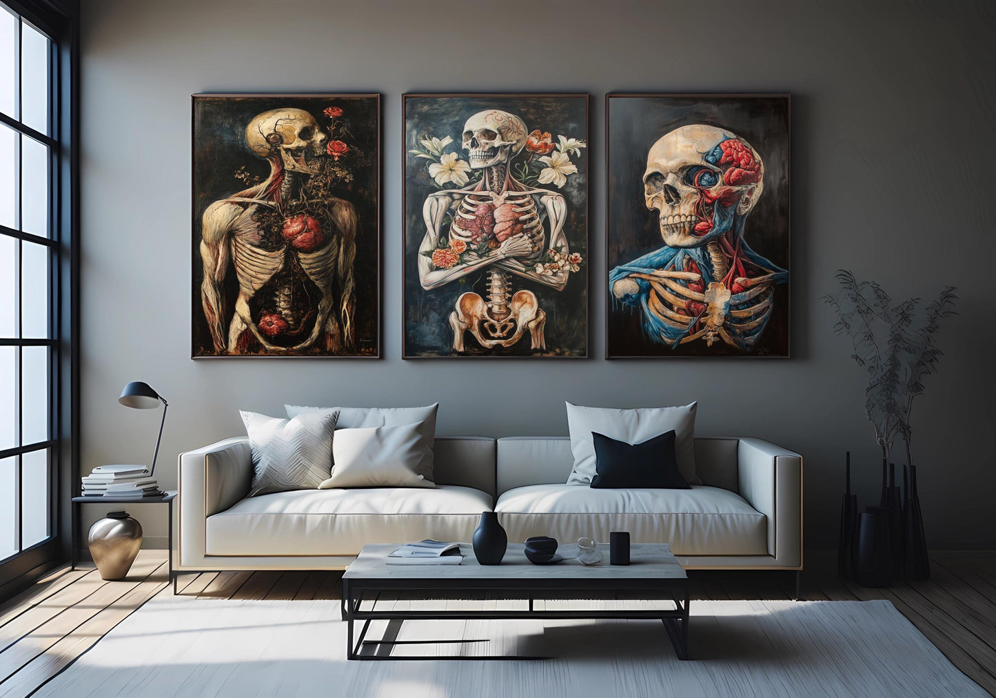 Anatomical Skeleton Art Prints: Gothic Floral Skull Decor, Set of 3