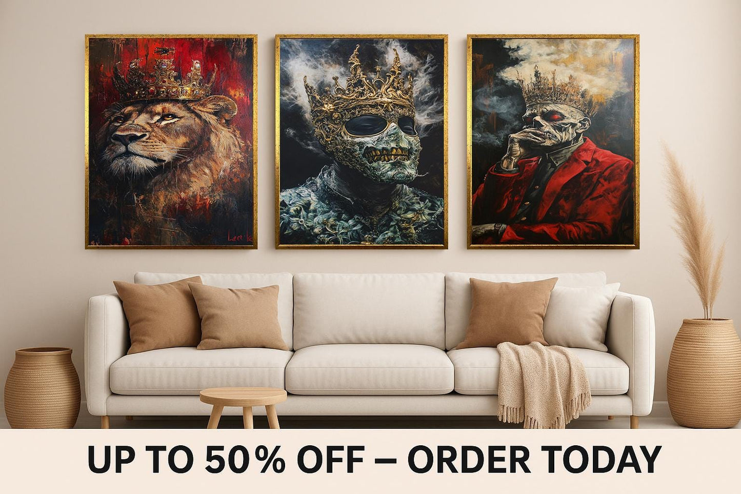 Gothic Skull Art Prints: Dark Fantasy King, Lion, Skeleton - Surreal Wall Decor