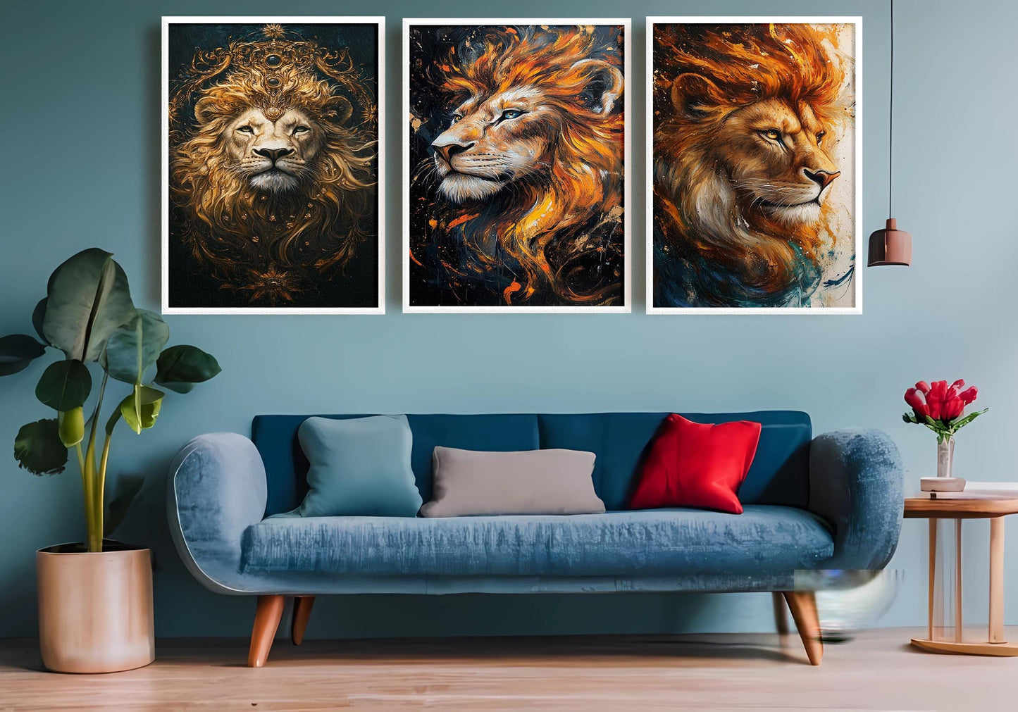 Majestic Lion Wall Art Set: Abstract Jungle King Prints with Gold