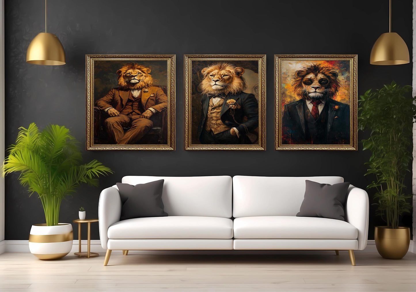 Dapper Lion Portrait Art - Set of 3 - Modern Animal Prints