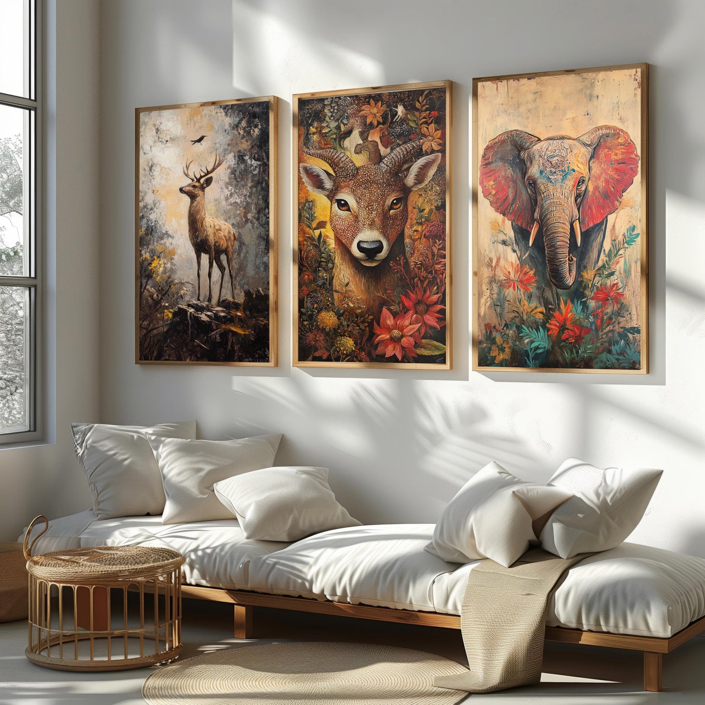 Rustic Animal Canvas Print Set: Deer, Elephant, Boho Forest Art