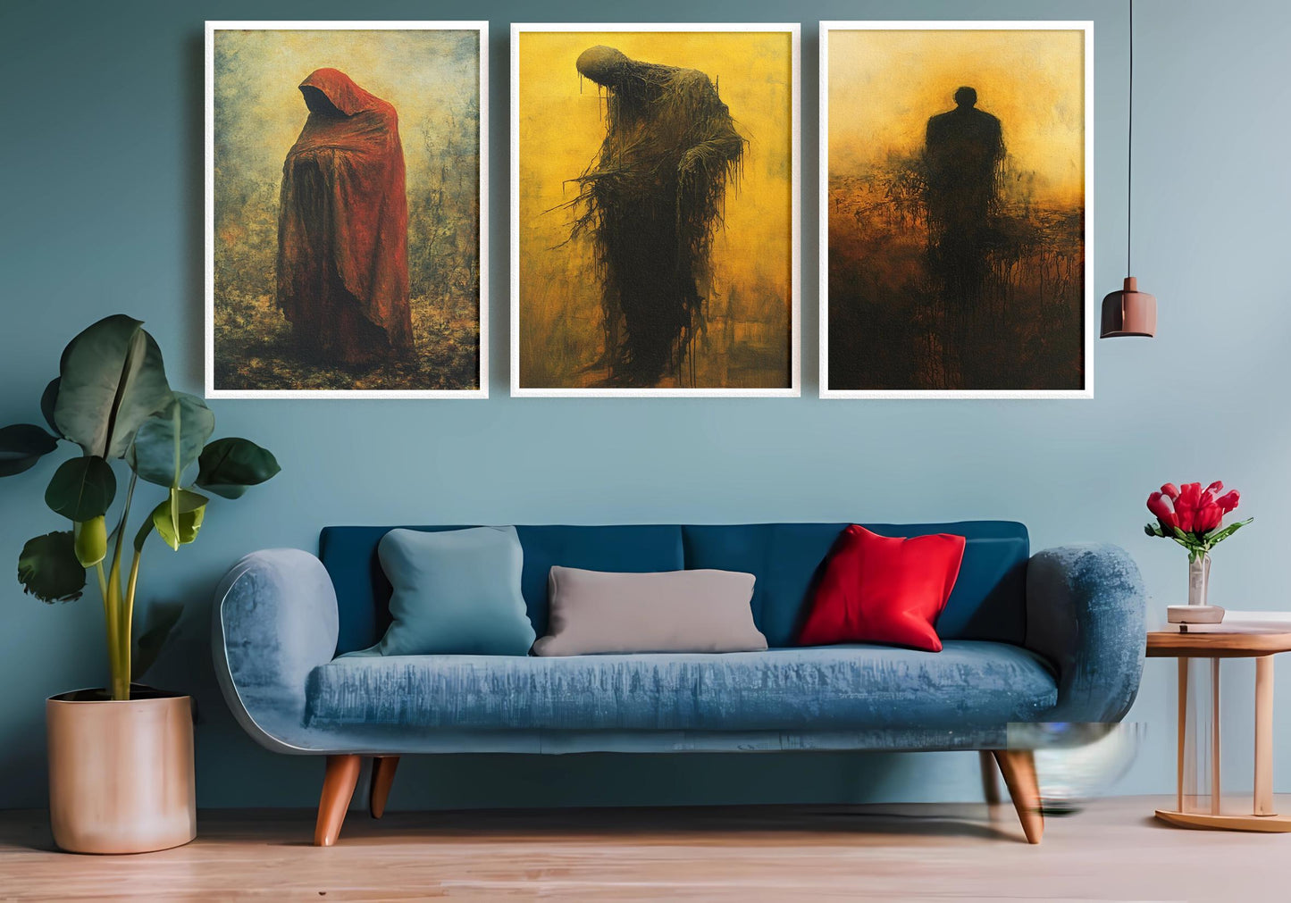 Gothic Shadow Figure Wall Art Set: Surreal Red Hood Horror Decor