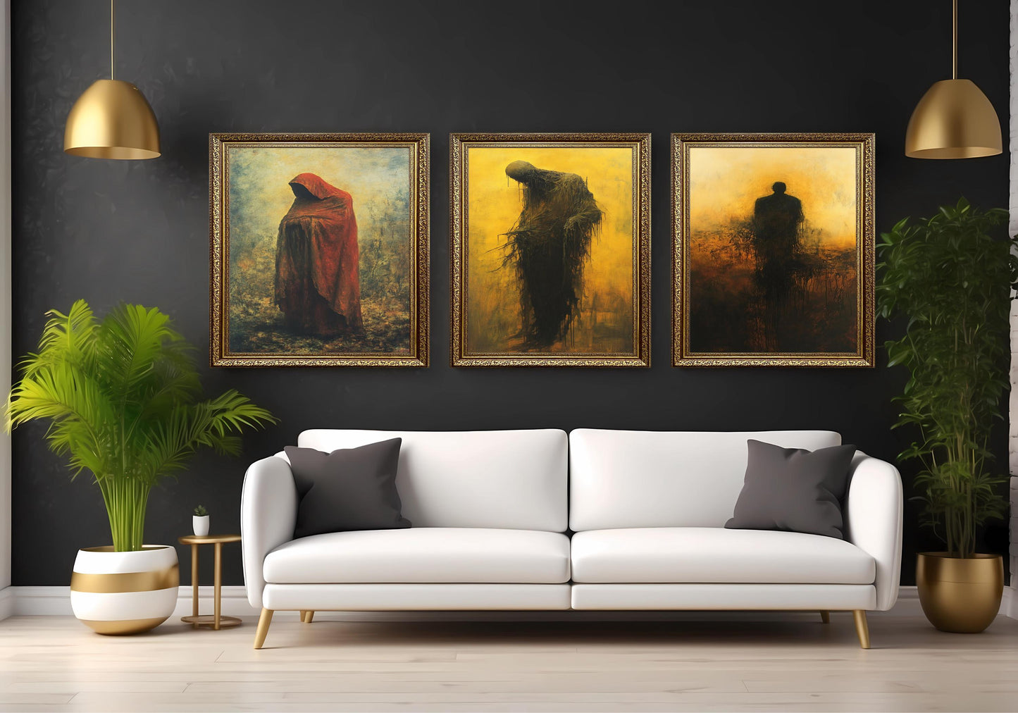 Gothic Shadow Figure Wall Art Set: Surreal Red Hood Horror Decor