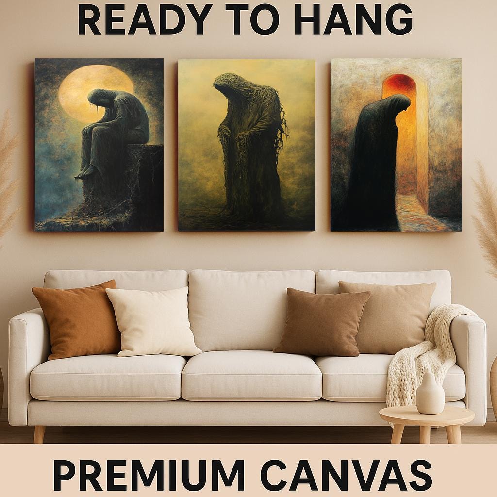 Gothic Horror Wall Art Set: Hooded Figures, Melancholy Silhouettes