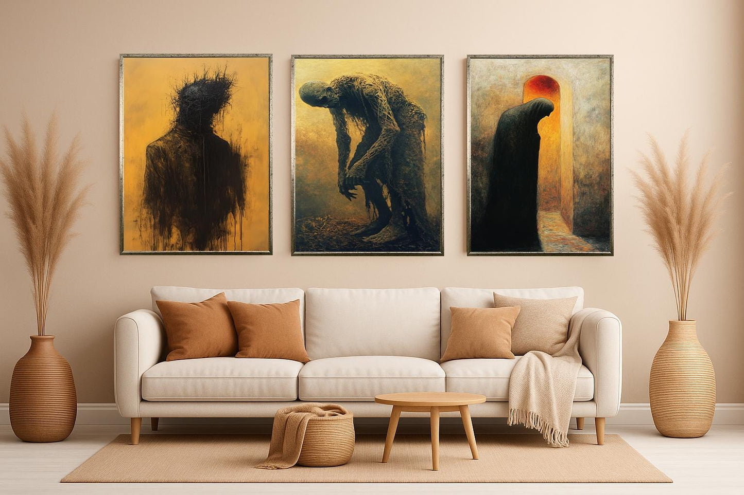 Gothic Horror Canvas Print Set: Decaying Figures, Shadow Silhouettes