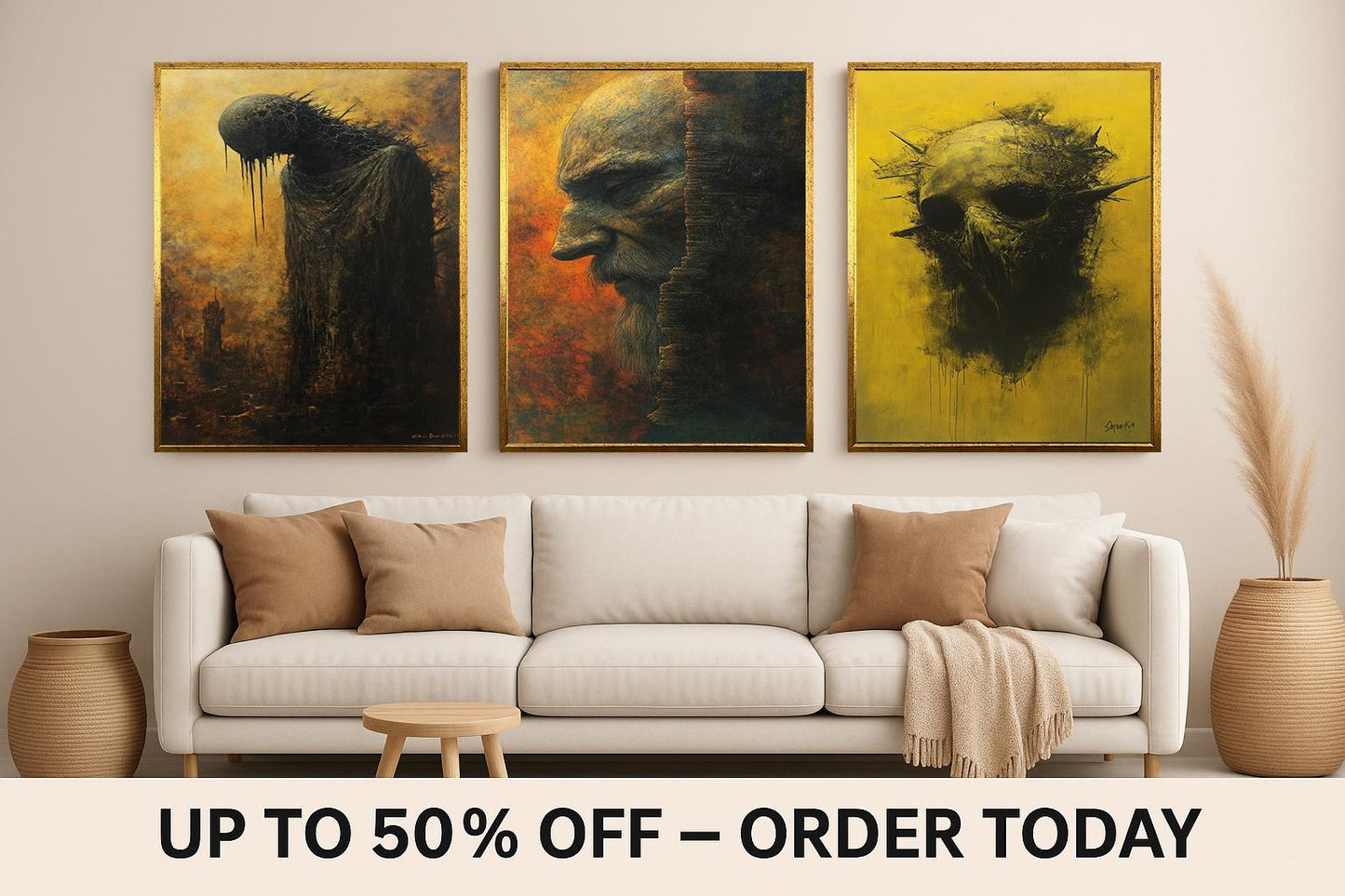 Dark Gothic Surreal Wall Art Set: Elder, Skull, Hooded Figure