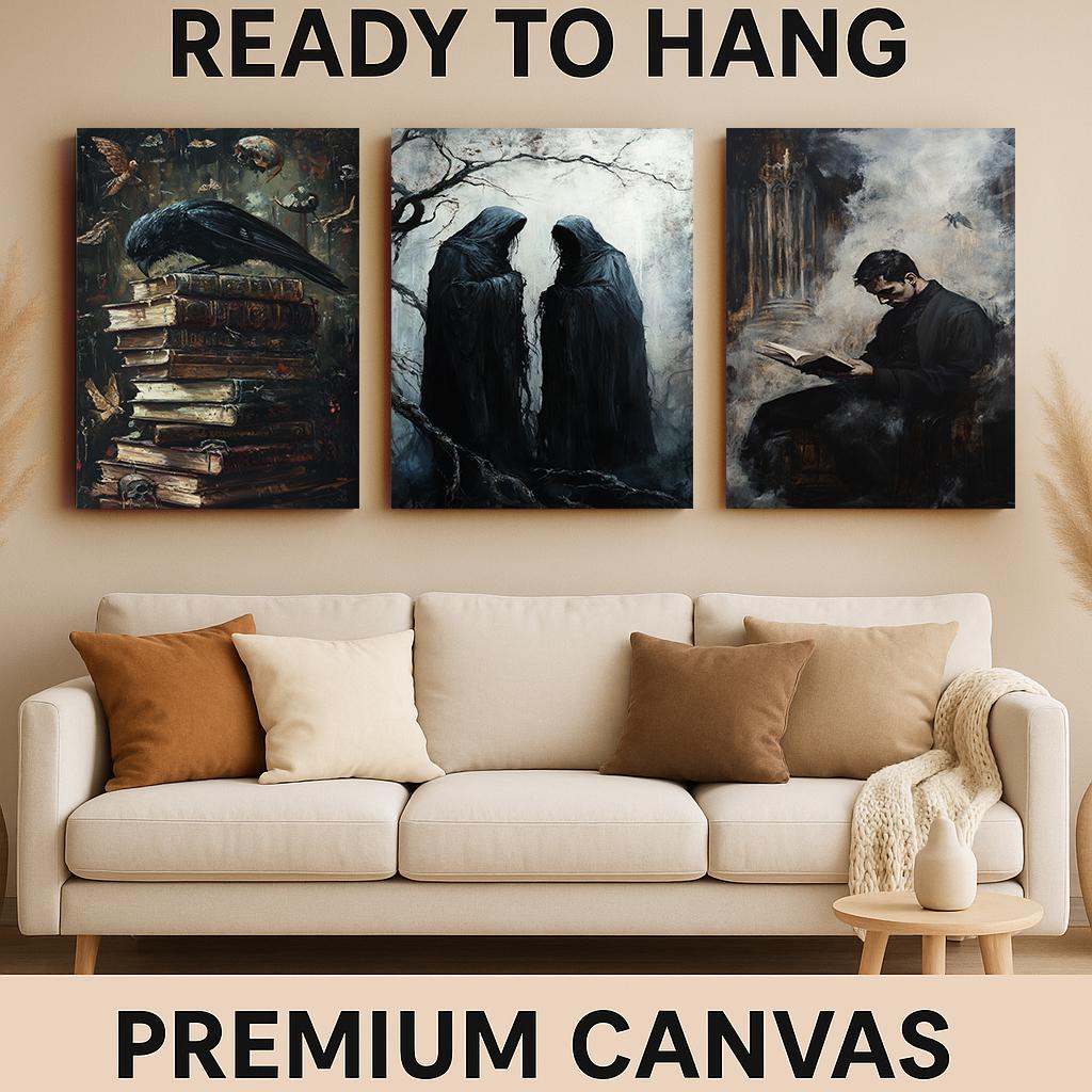Gothic Horror Wall Art Set: Hooded Figures, Crow & Books