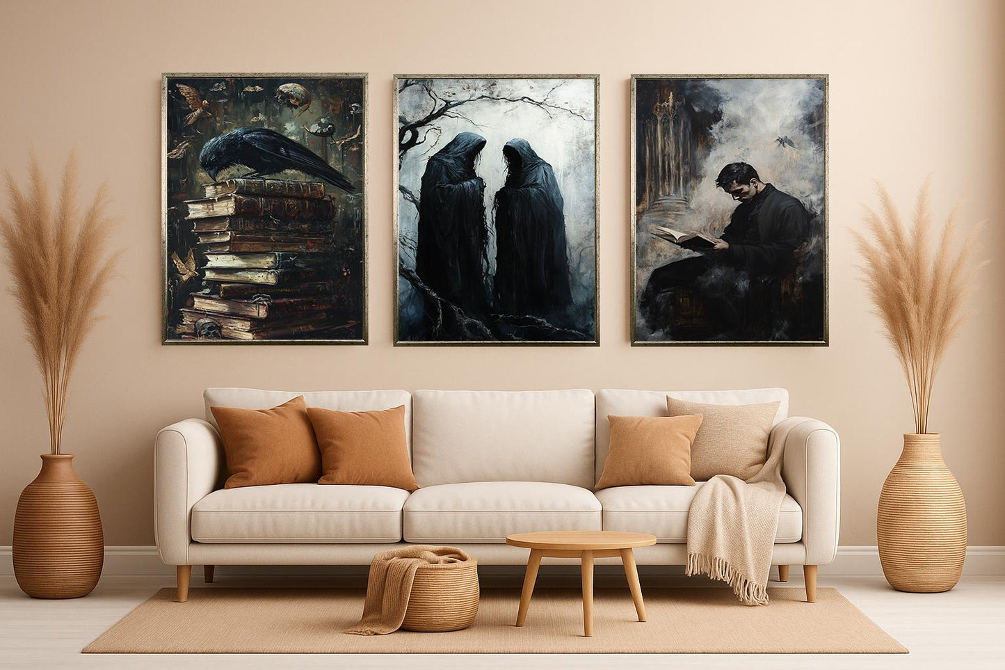 Gothic Horror Wall Art Set: Hooded Figures, Crow & Books