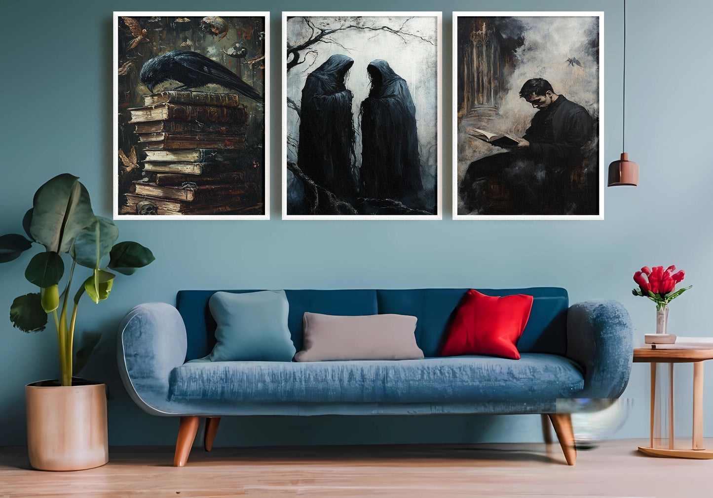 Gothic Horror Wall Art Set: Hooded Figures, Crow & Books