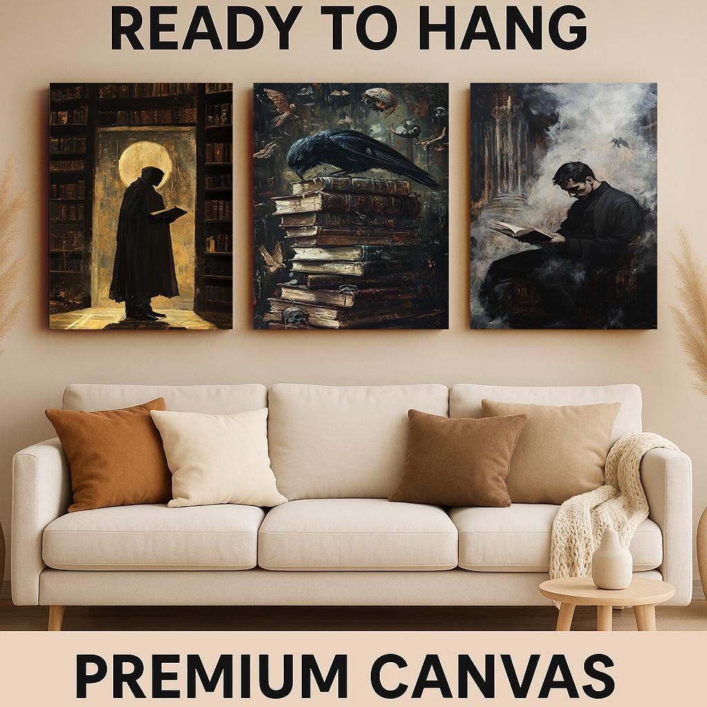 Dark Academia Wall Art Set: Gothic Library Decor, Crow & Cloaked Figure