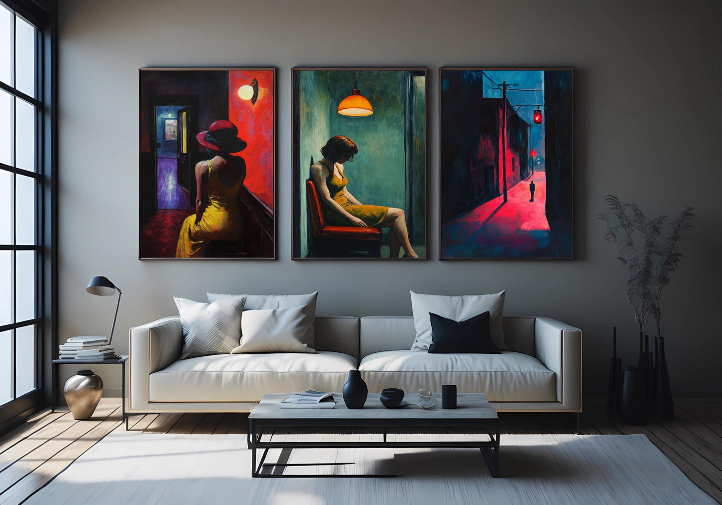 Noir Woman in Yellow Dress Print Set: Cinematic Moody Room Decor