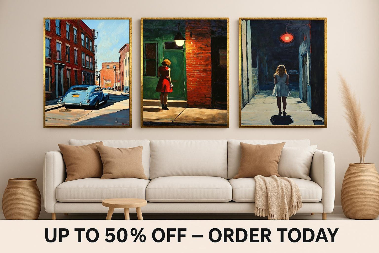 Retro Noir Cityscape Art Prints: Woman in Red Dress, Vintage Car - Set of 3