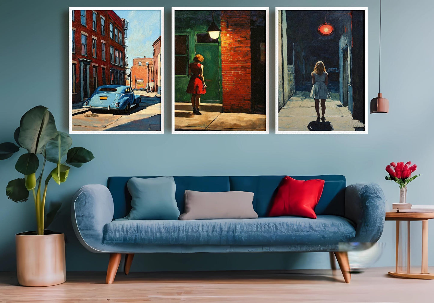 Retro Noir Cityscape Art Prints: Woman in Red Dress, Vintage Car - Set of 3