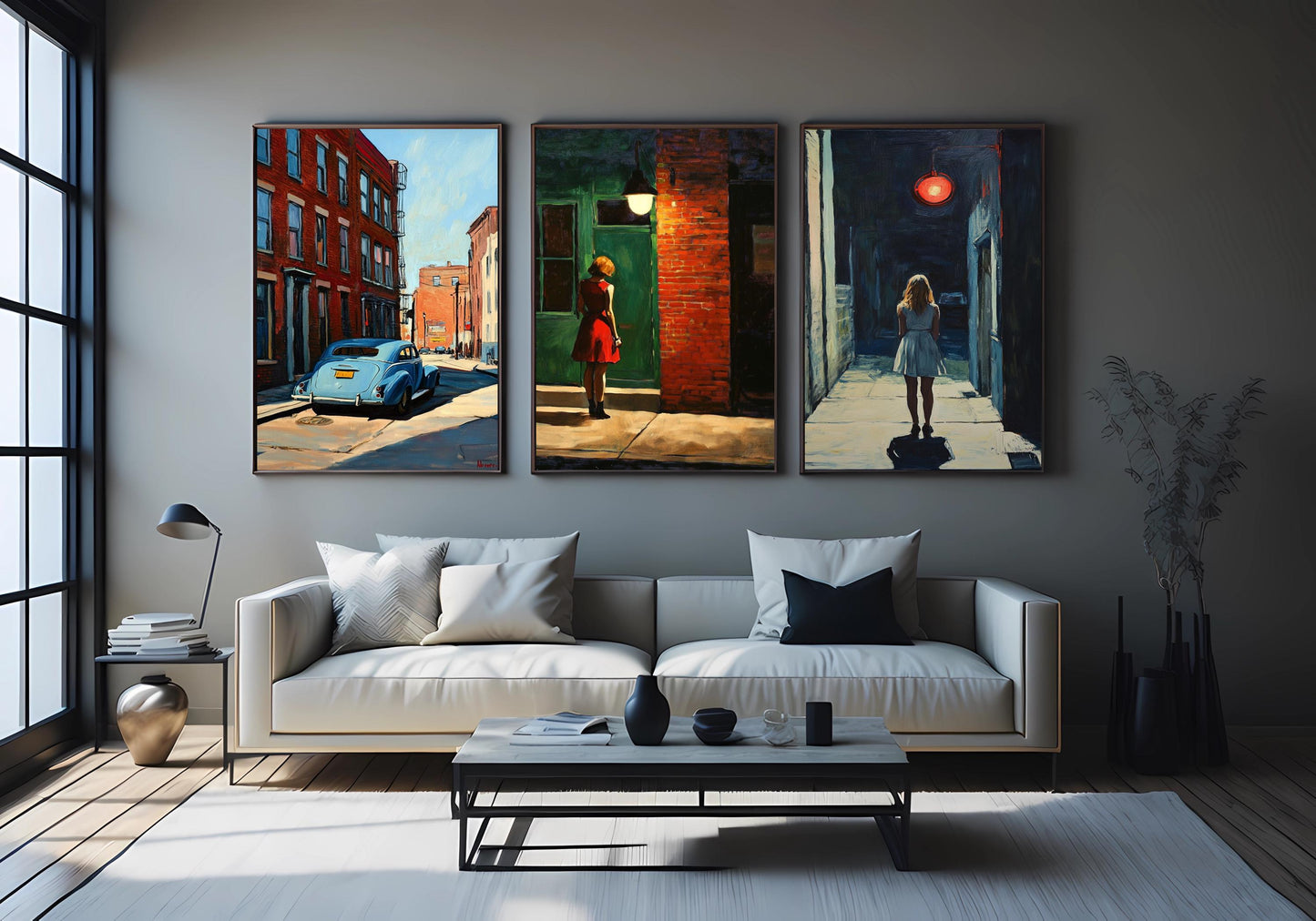 Retro Noir Cityscape Art Prints: Woman in Red Dress, Vintage Car - Set of 3