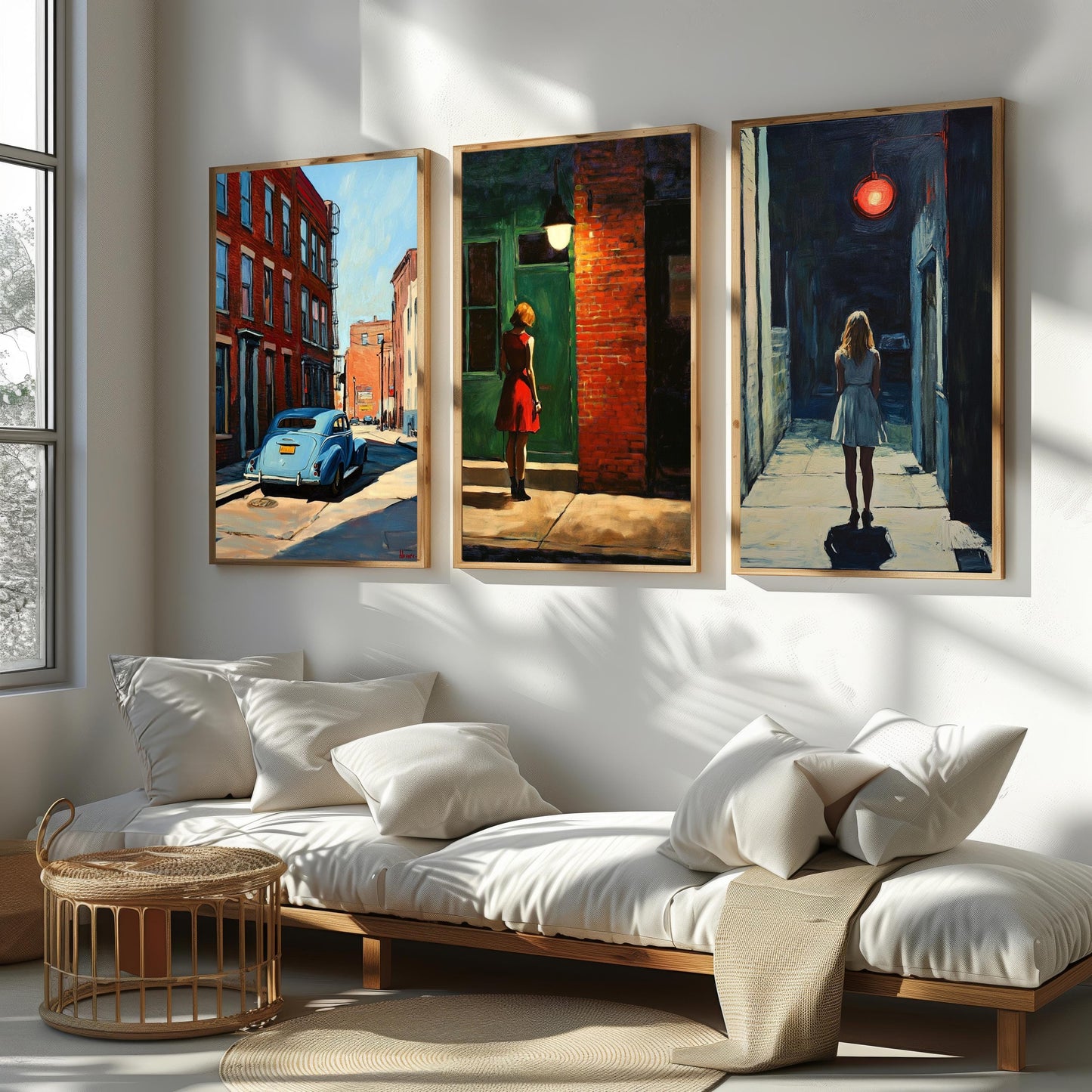 Retro Noir Cityscape Art Prints: Woman in Red Dress, Vintage Car - Set of 3
