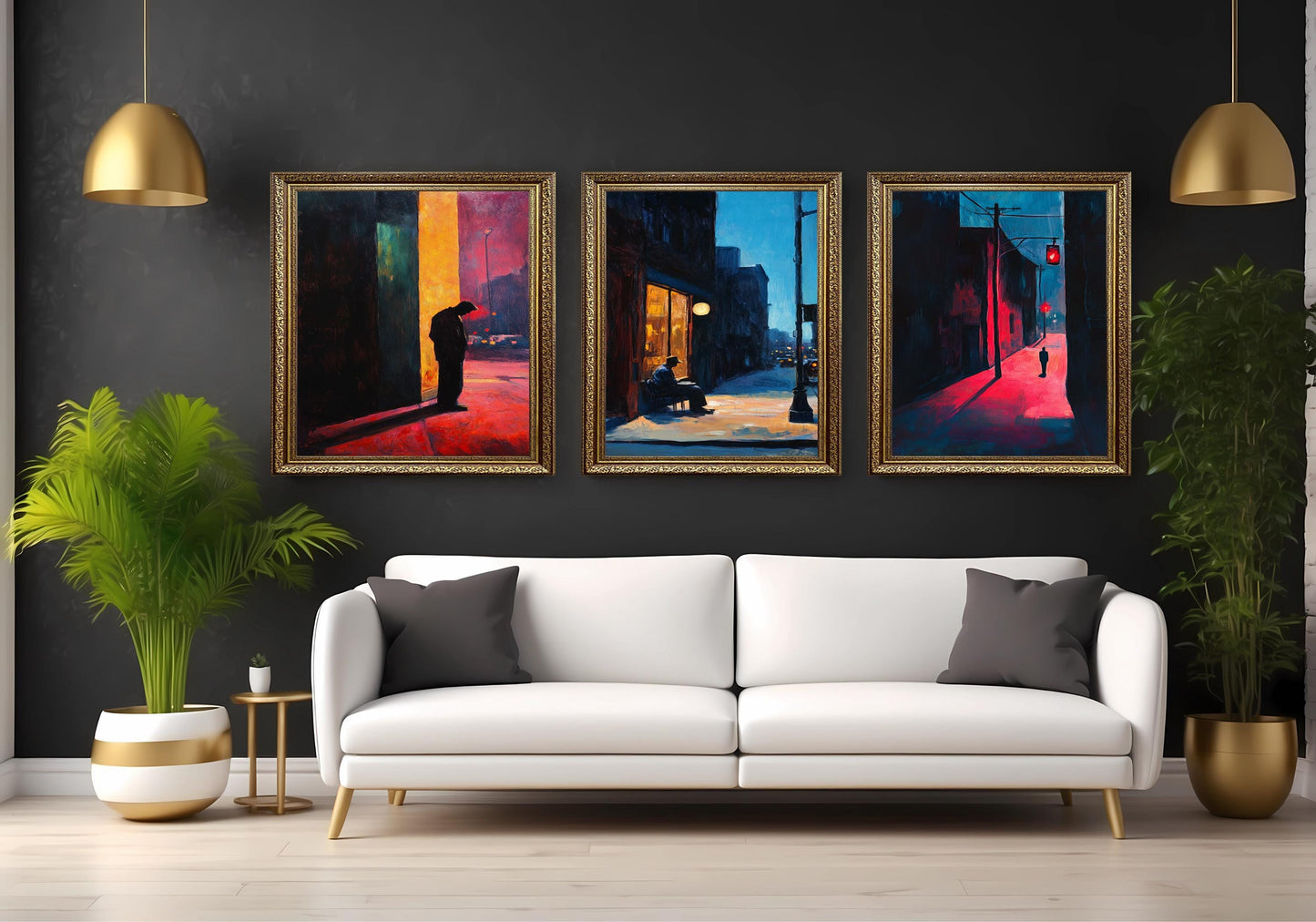 Noir Cityscape Canvas Print Set: Urban Solitude, Shadowy Alley