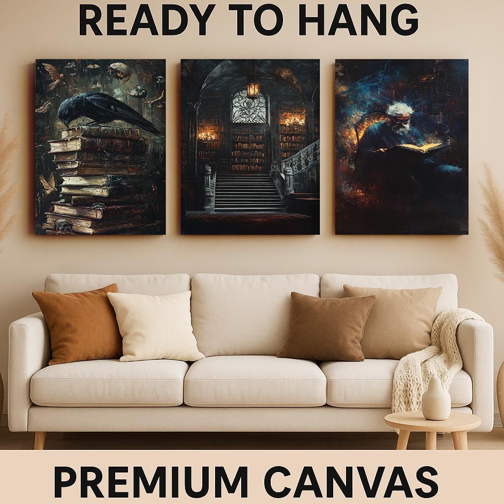 Dark Academia Gothic Art Prints: Haunted Library, Wizard & Crow Set
