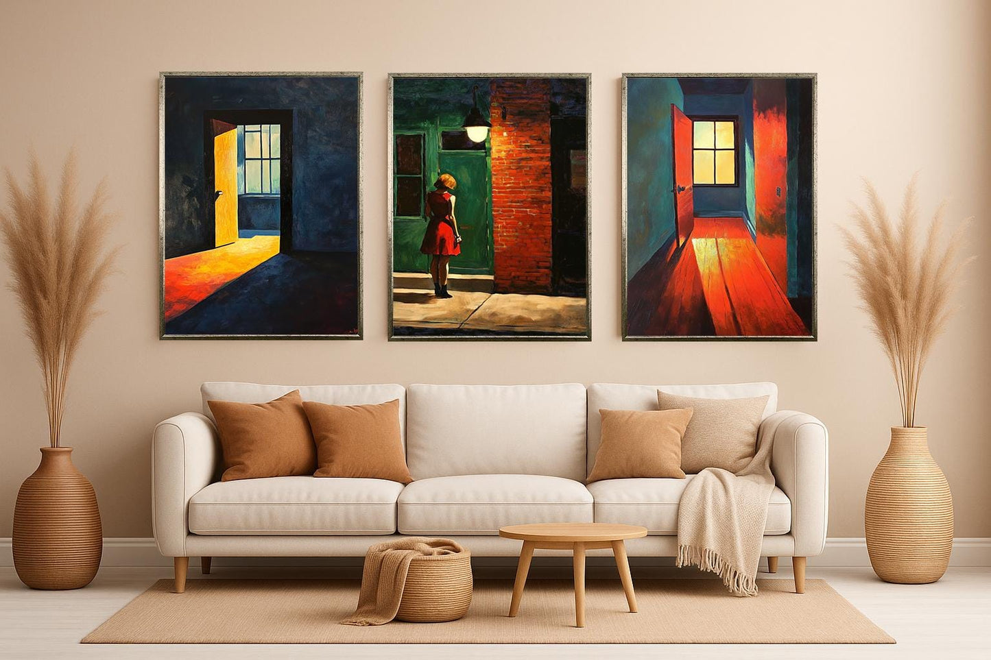 Red Dress Woman Art Print Set: Modern Urban Interior Decor