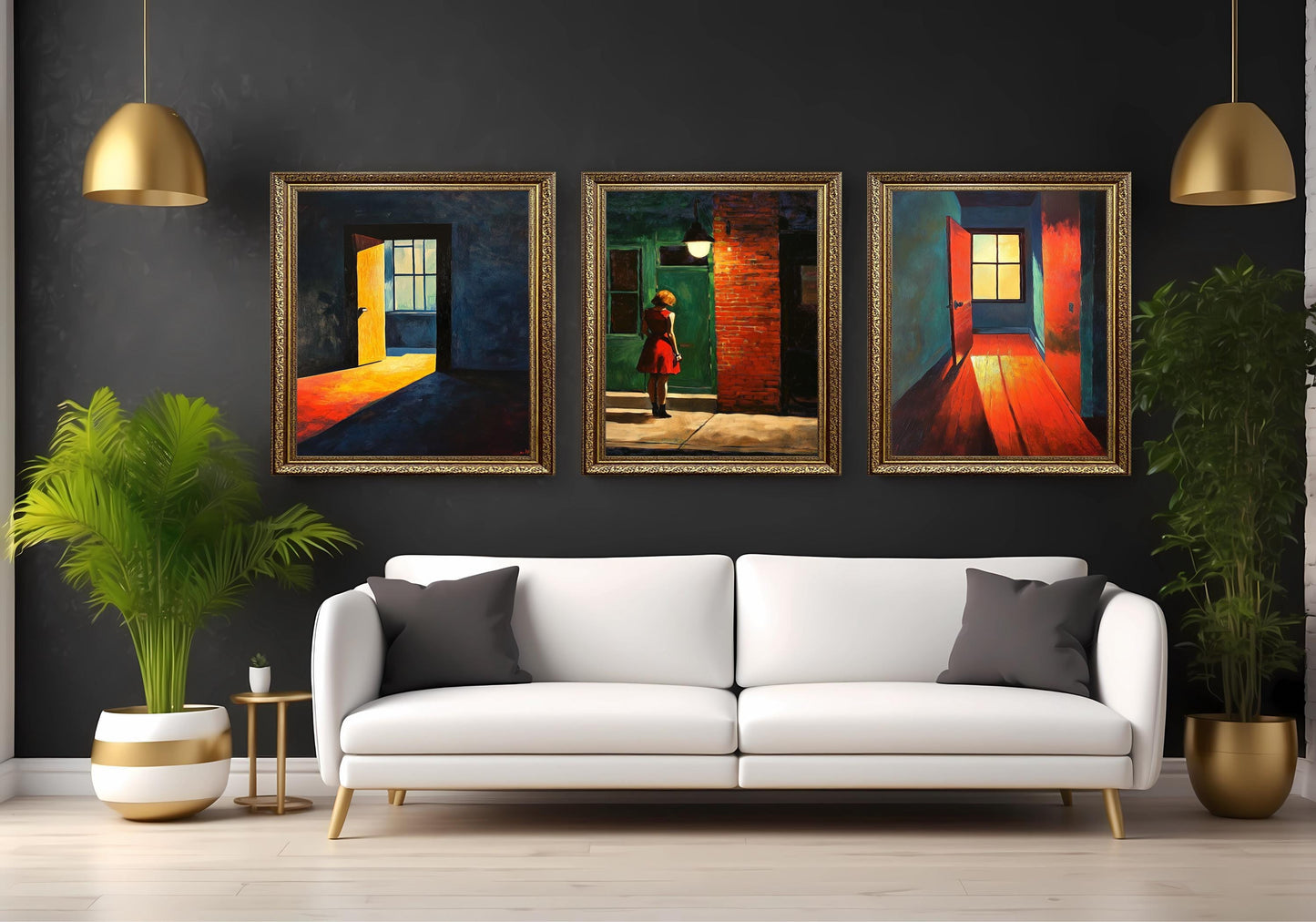Red Dress Woman Art Print Set: Modern Urban Interior Decor