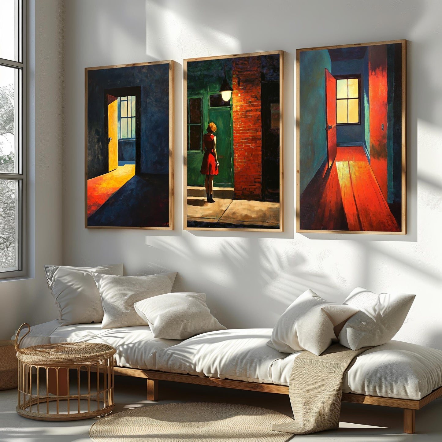 Red Dress Woman Art Print Set: Modern Urban Interior Decor