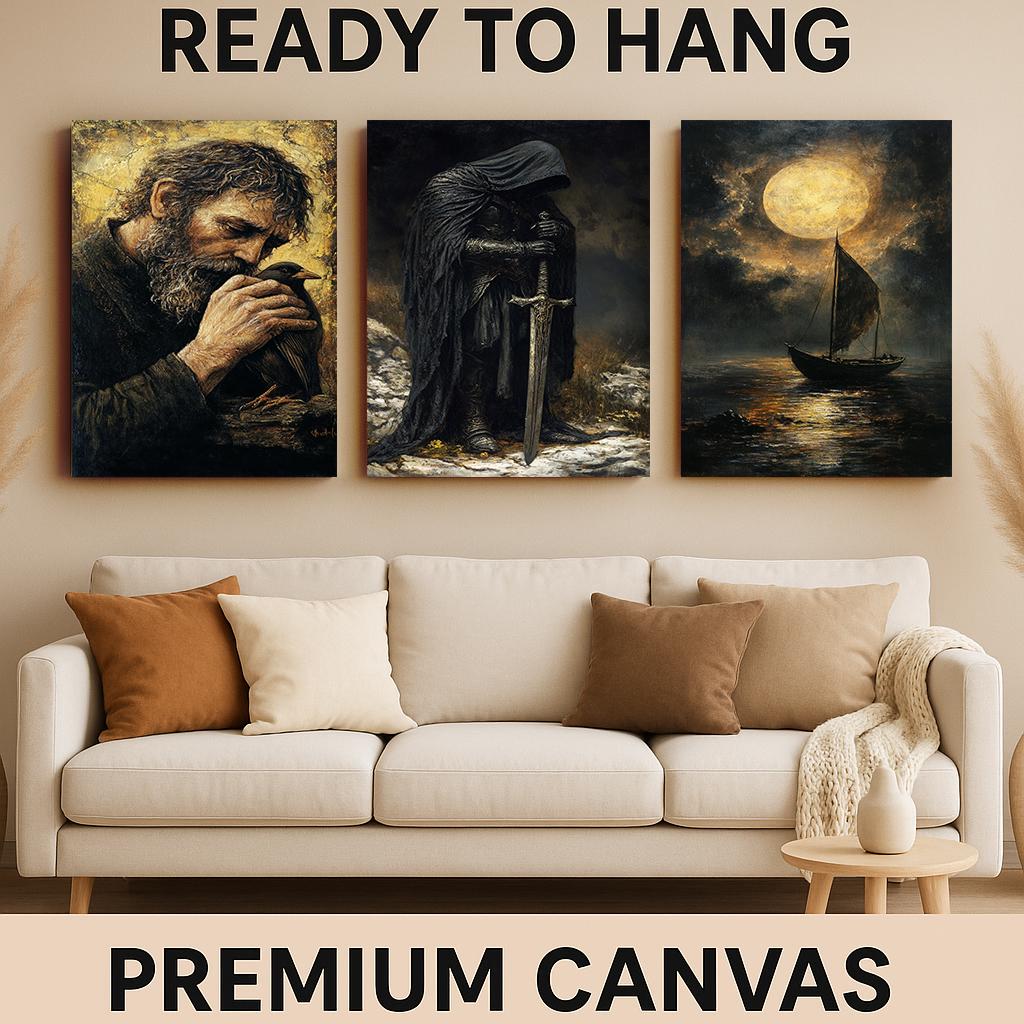 Dark Fantasy Knight Art Prints: Medieval Room Decor, Mythical Canvas Set