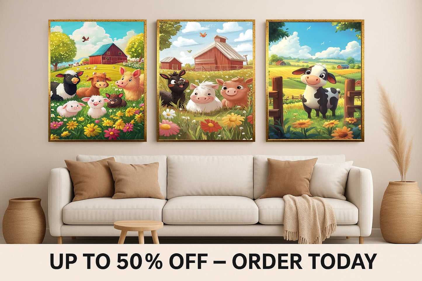 Farm Animal Nursery Wall Art Set Of 3 Prints With Cute Cow Pig Donkey In Bright Pastel Fields For Baby Room Or Kids Farm Decor Kids Room Art