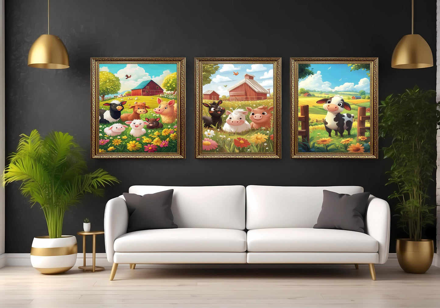 Farm Animal Nursery Wall Art Set Of 3 Prints With Cute Cow Pig Donkey In Bright Pastel Fields For Baby Room Or Kids Farm Decor Kids Room Art