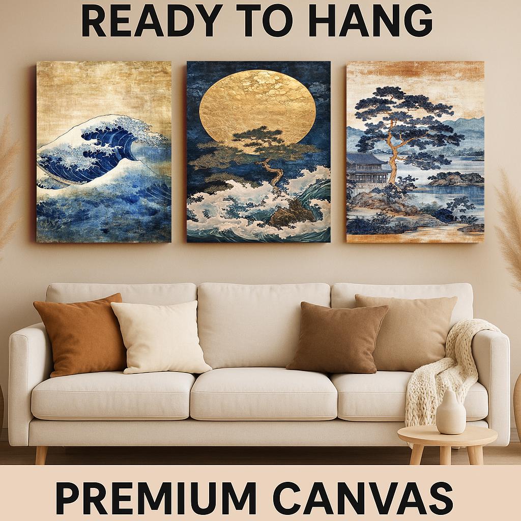 Japanese Wave Art Set: Blue Gold Landscape Paintings, Pine Tree Prints