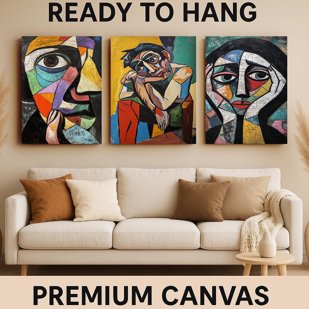 Cubist Portrait Art Set: Geometric Face Paintings, Modern Home Decor