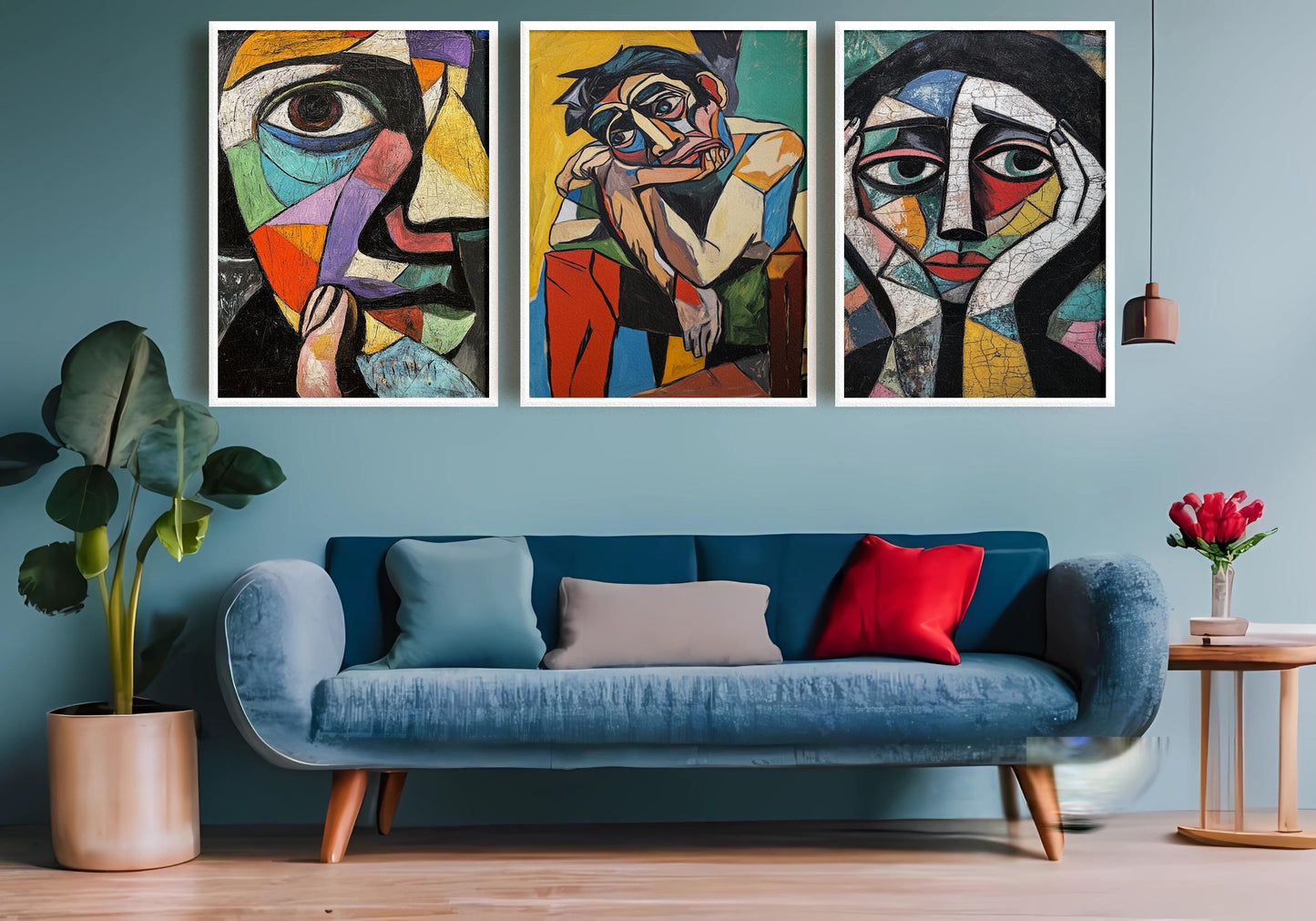 Cubist Portrait Art Set: Geometric Face Paintings, Modern Home Decor