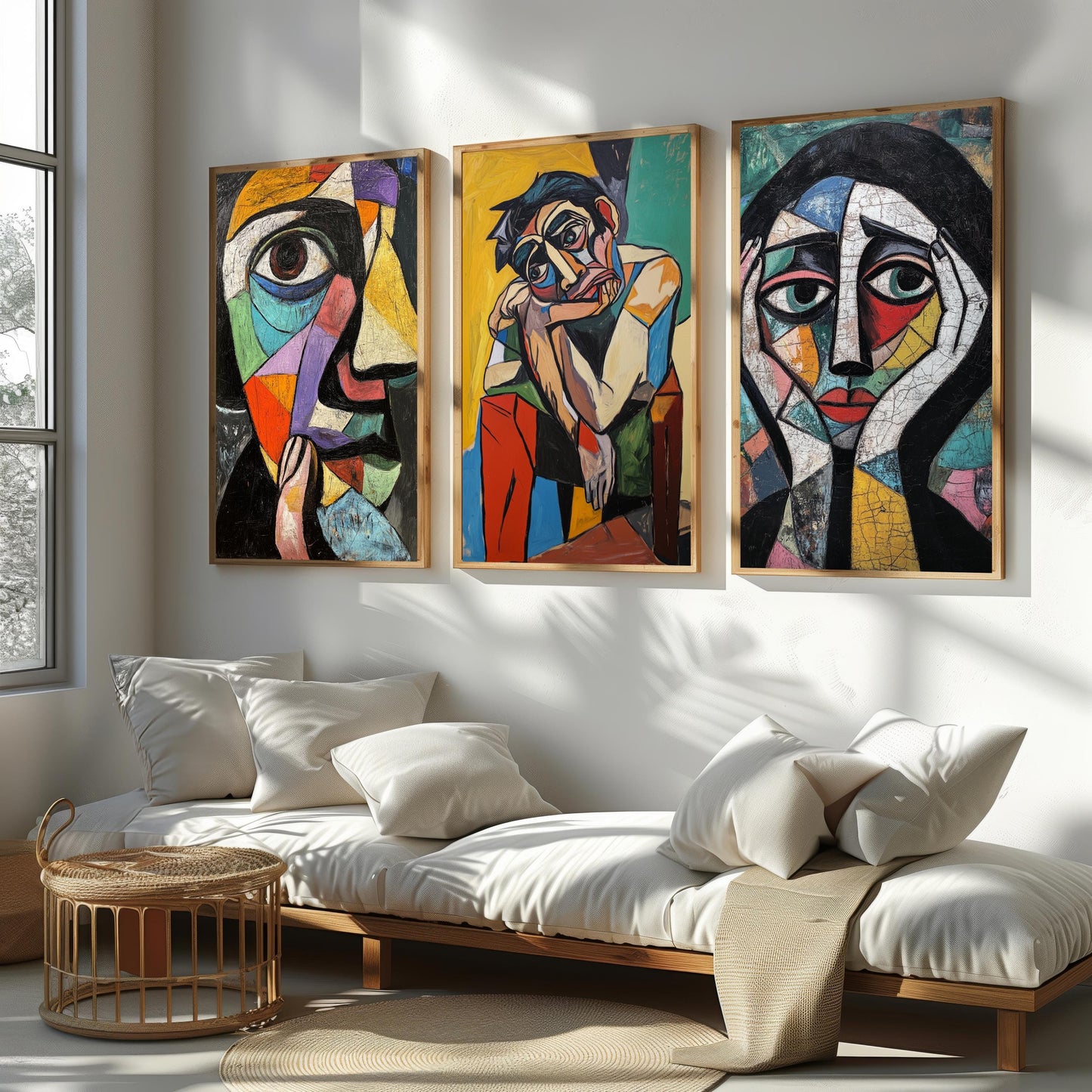 Cubist Portrait Art Set: Geometric Face Paintings, Modern Home Decor