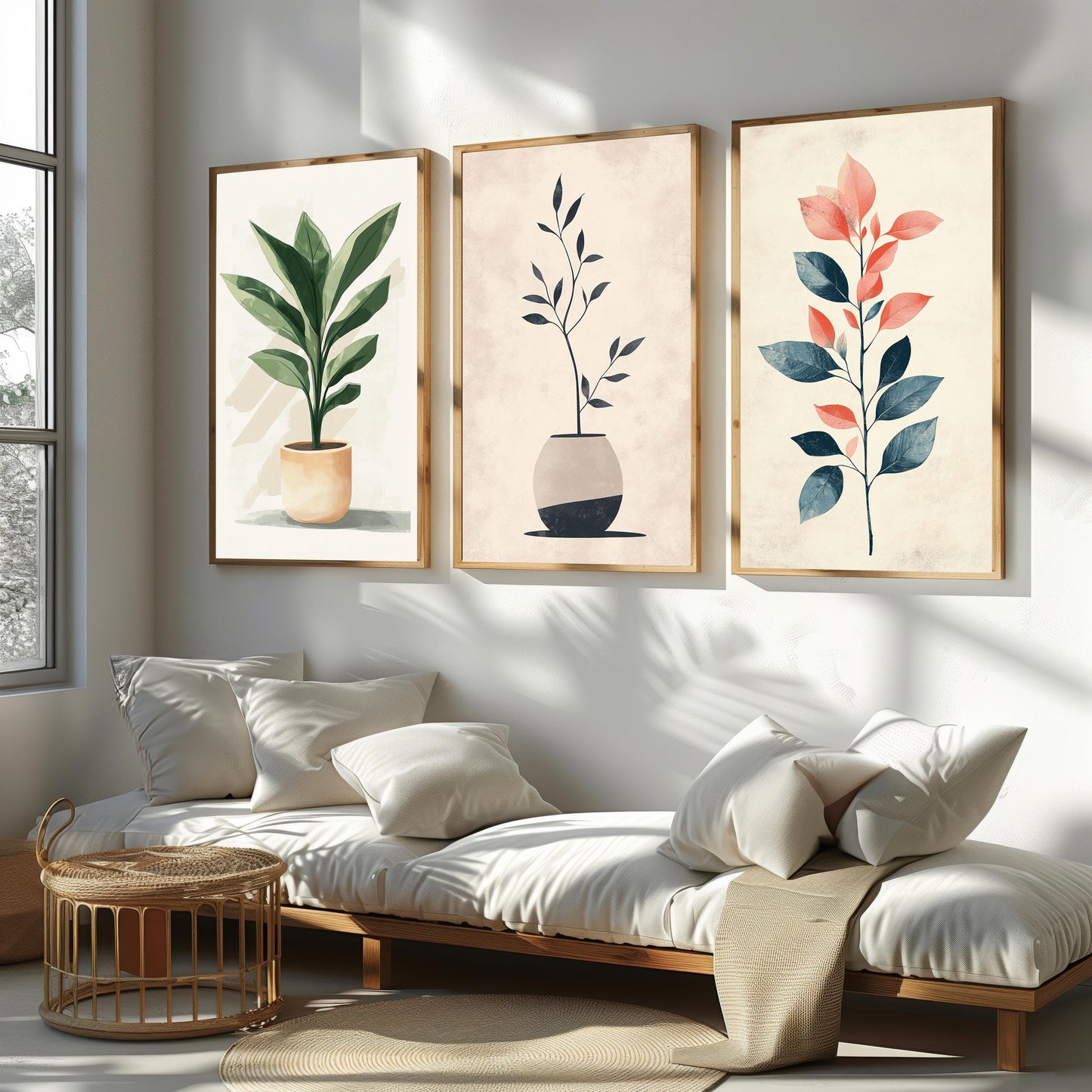 Botanical Wall Art Set of 3: Minimalist Plant Prints, Scandinavian Decor