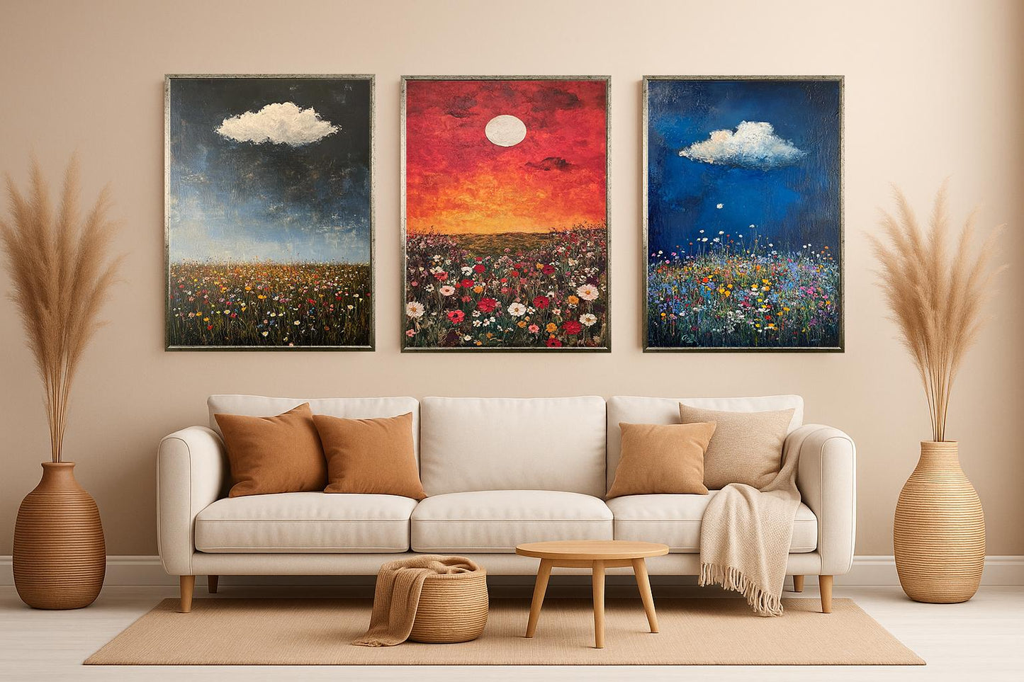 Wildflower Field Canvas Print Set: Impressionist Landscape Wall Art