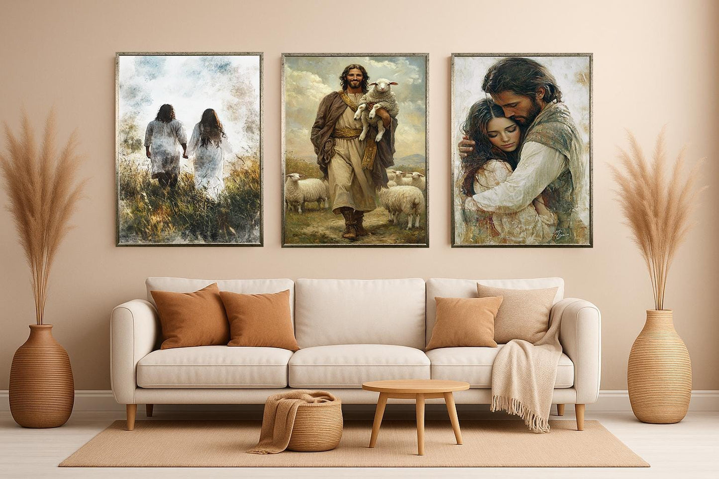 Jesus Canvas Print Set: Good Shepherd, Loving Embrace, Faith Walk