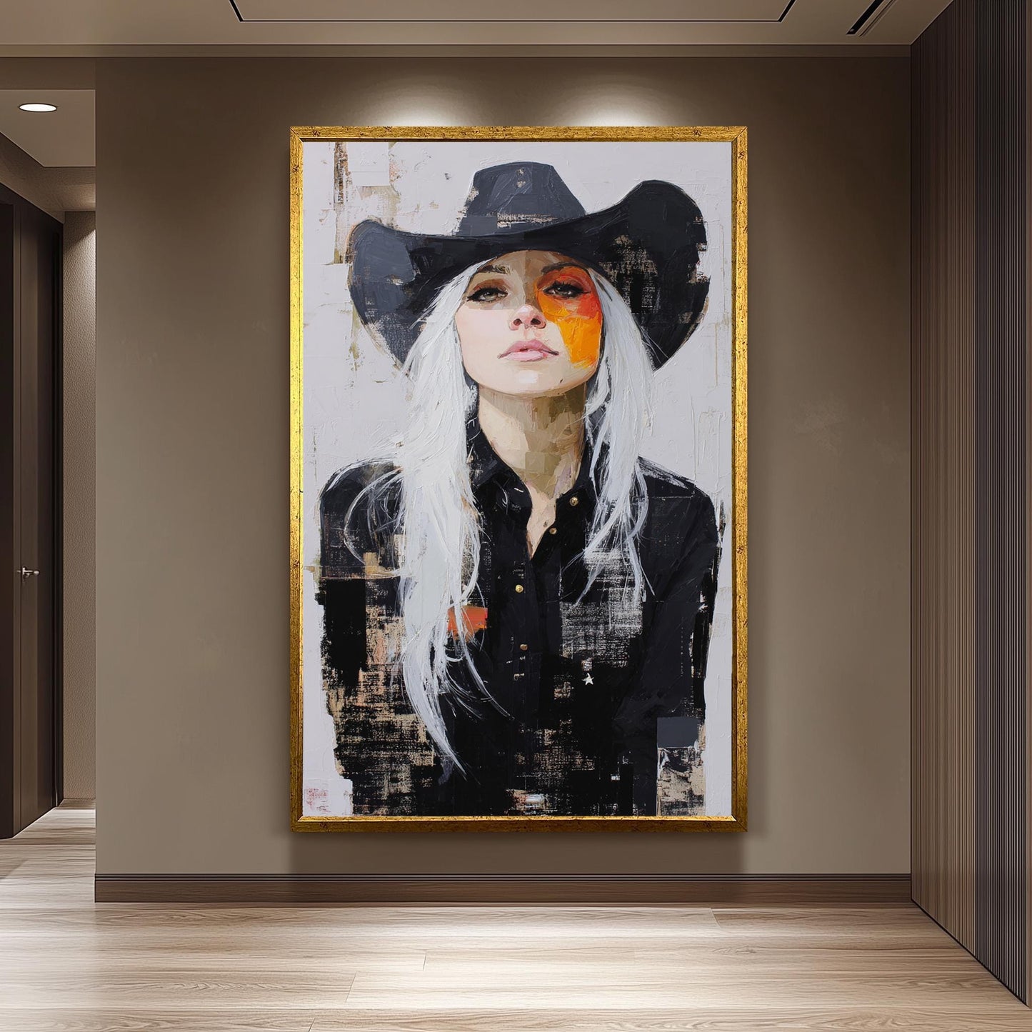 Abstract Cowgirl Oil Painting on Canvas | Modern Western Woman Portrait Art with White Hair & Black Hat | Bold Rustic Wall Decor Print