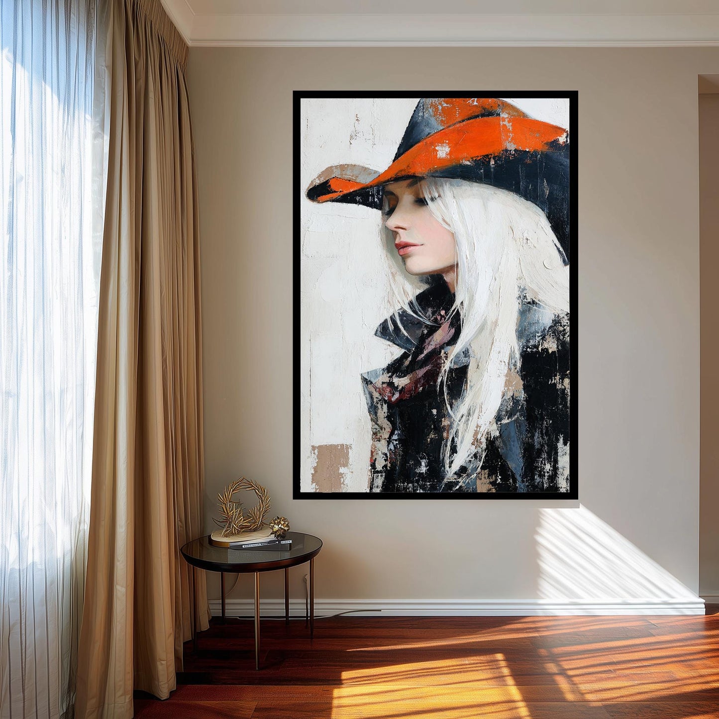 Abstract Oil Painting of Western Cowgirl | Elegant Woman with White Hair in Orange Cowboy Hat | Rustic Modern Wall Art on Canvas Woman Art