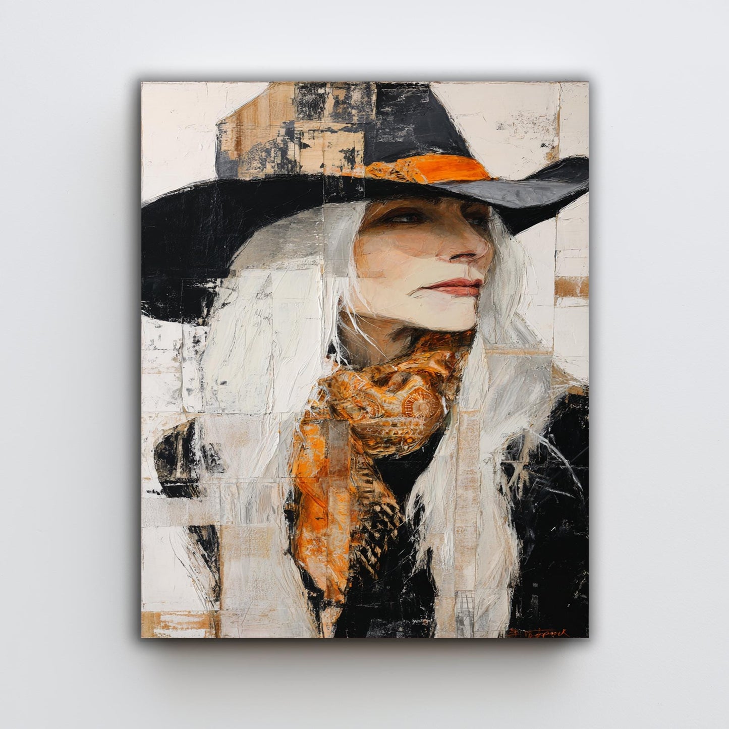 Abstract Oil Painting of Western Woman | Cowgirl with Long White Hair, Black Hat & Orange Scarf | Rustic Modern Wall Art on Canvas Woman Art