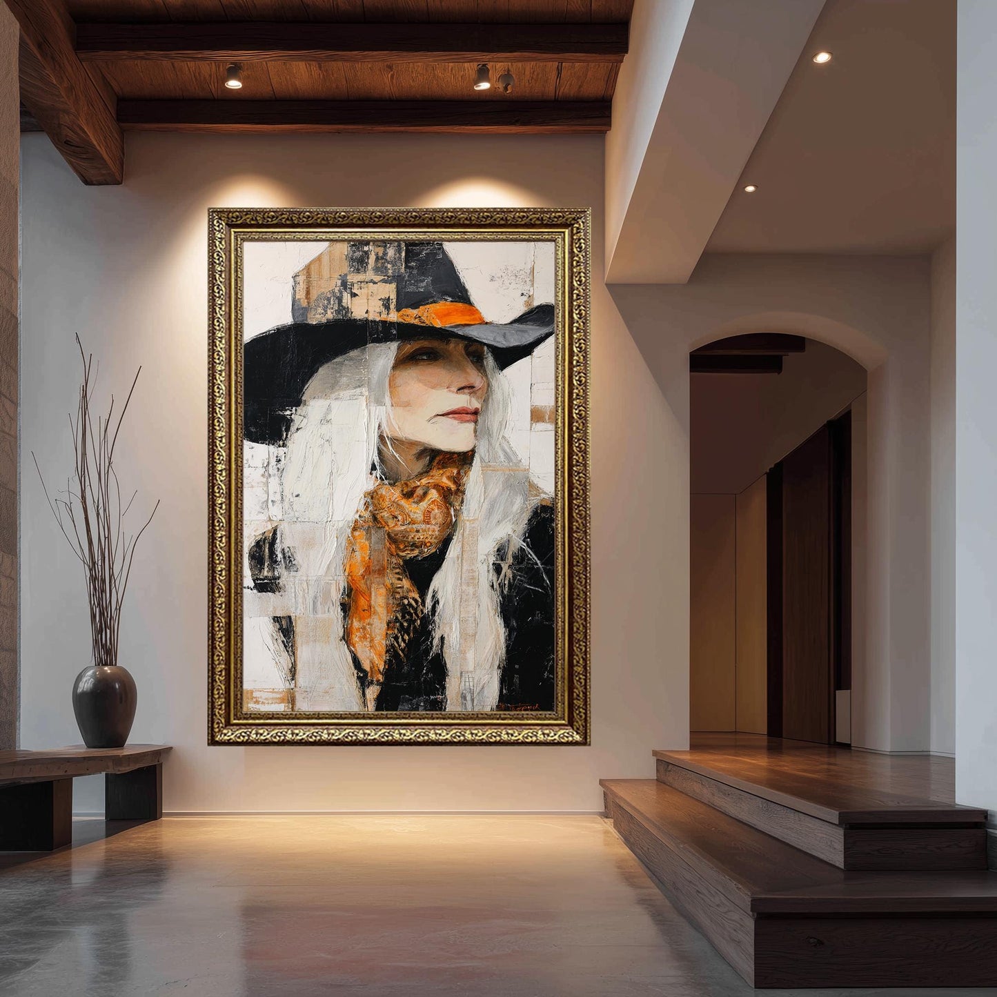 Abstract Oil Painting of Western Woman | Cowgirl with Long White Hair, Black Hat & Orange Scarf | Rustic Modern Wall Art on Canvas Woman Art