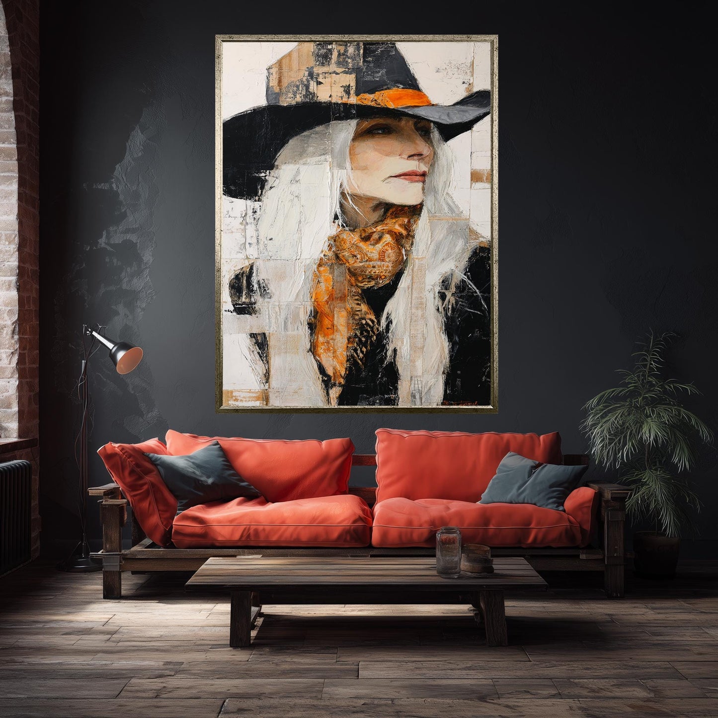 Abstract Oil Painting of Western Woman | Cowgirl with Long White Hair, Black Hat & Orange Scarf | Rustic Modern Wall Art on Canvas Woman Art